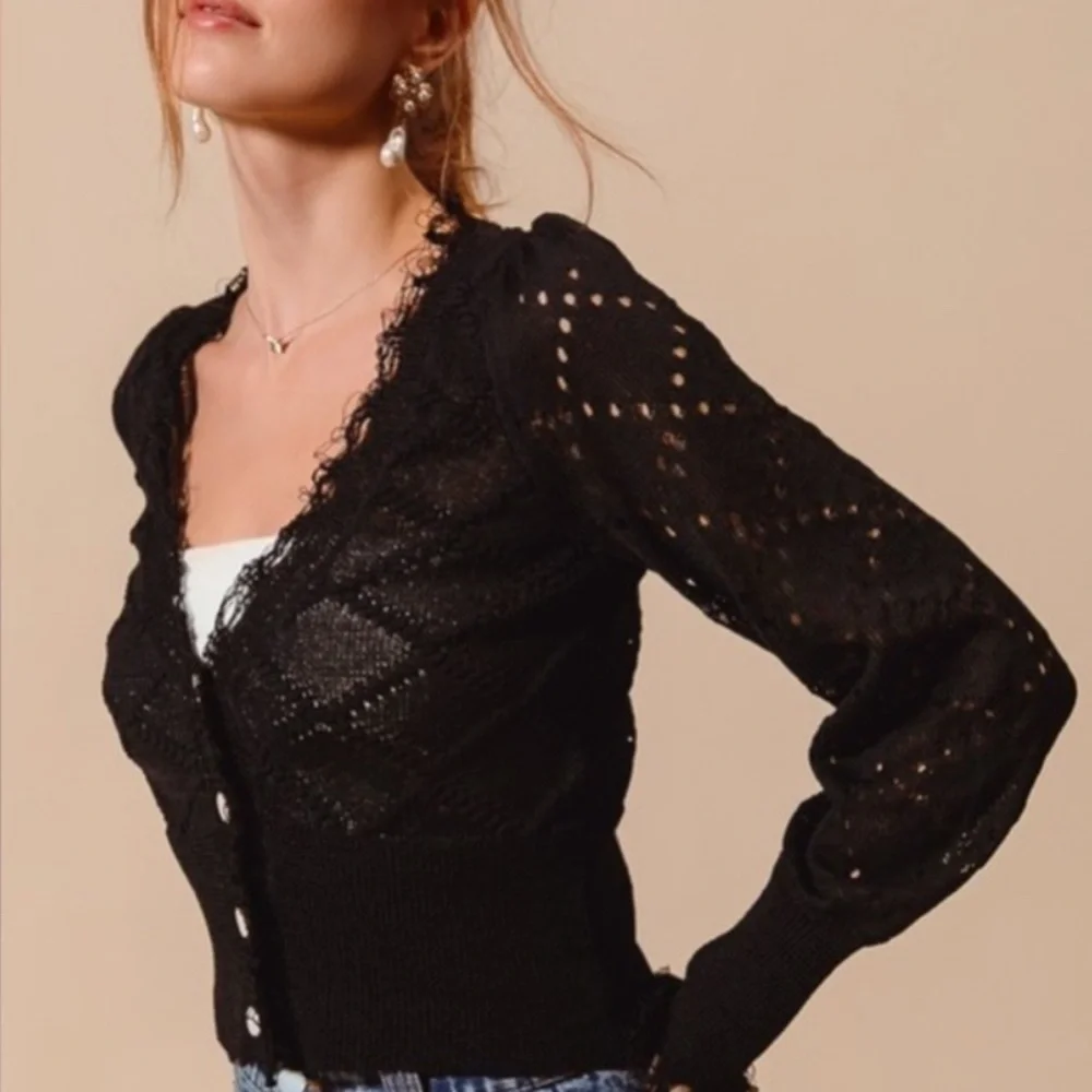Elegant Black Lace Trim Cardigan - Picture 3 of 3